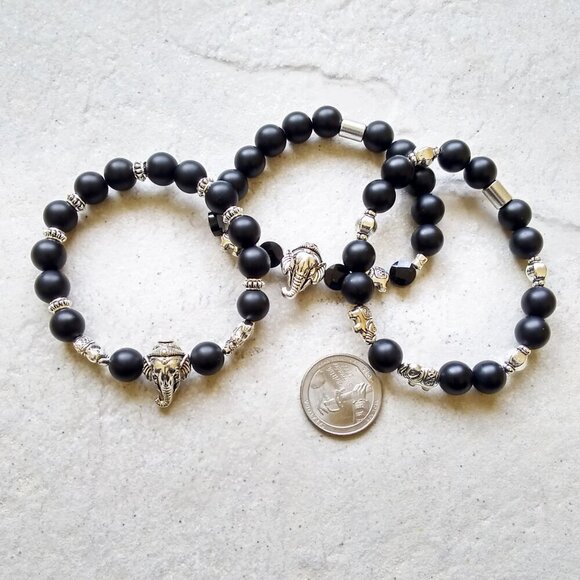 Chunky Black & Silver Elephant Lovers Stretch Bracelet - Black Stone Beads 7.5" - Picture 6 of 7